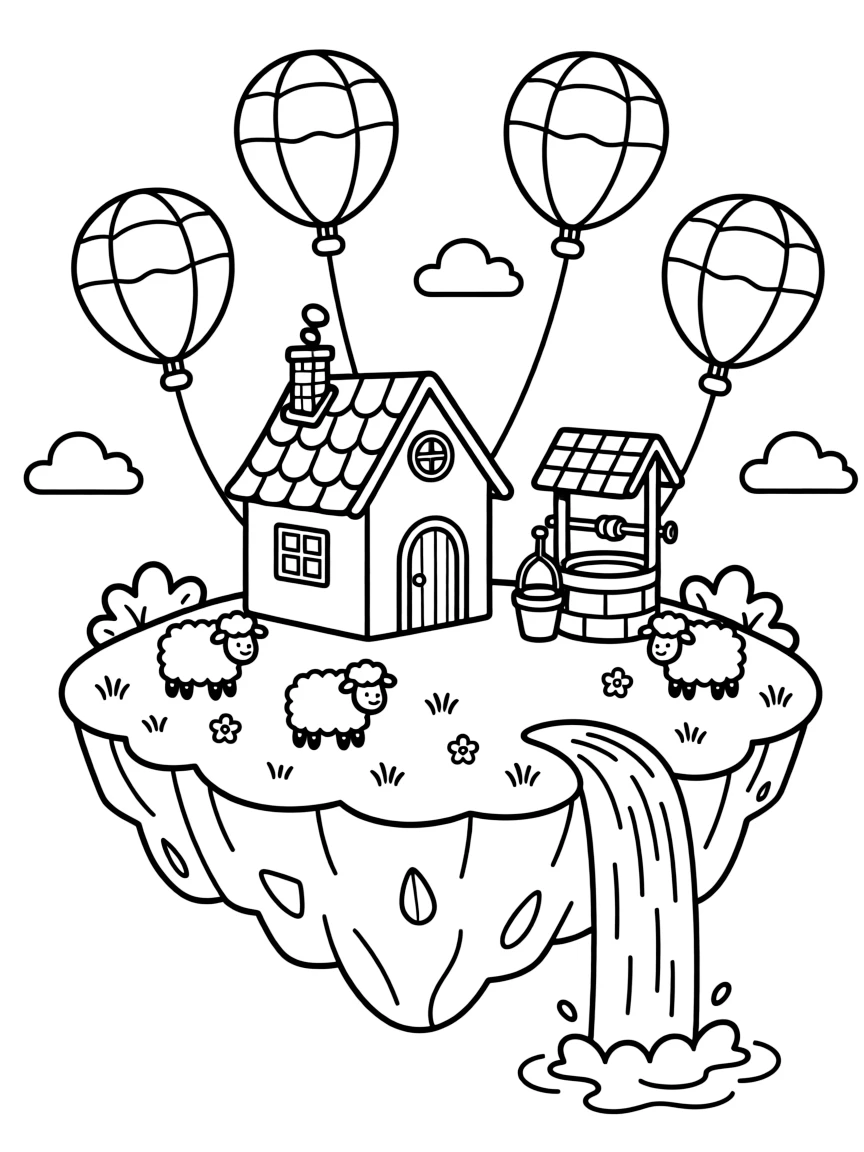 A floating island held aloft by four giant balloons drifts above the clouds, complete with a cottage, a well, grazing sheep, and a waterfall pouring into the sky below.