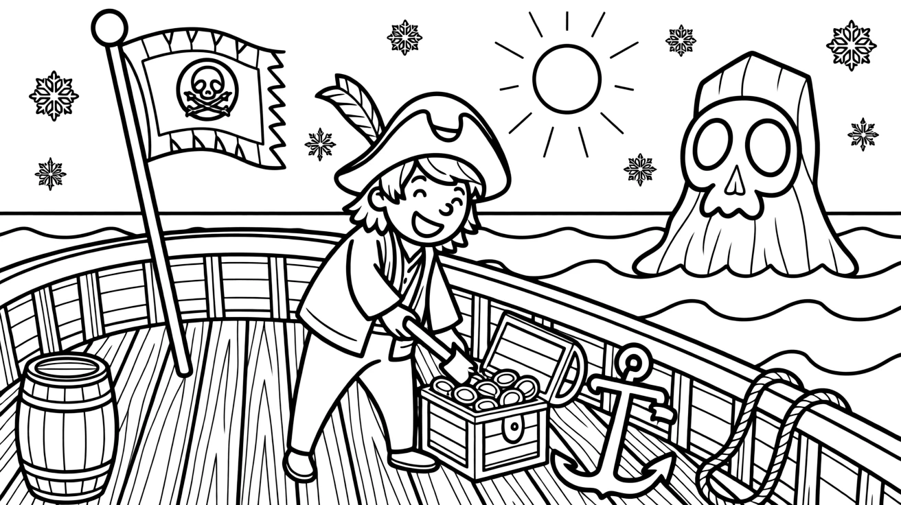 [Pirates] a jolly pirate captain digging up a buried treasure chest on the deck of a pirate ship, grinning with excitement, while a skull-shaped rock formation rises from the sea fills the surrounding area. A weathered flag flutters from the mast. Set at sunrise, with snow gently falling, the page bursts with adventure and imagination.
