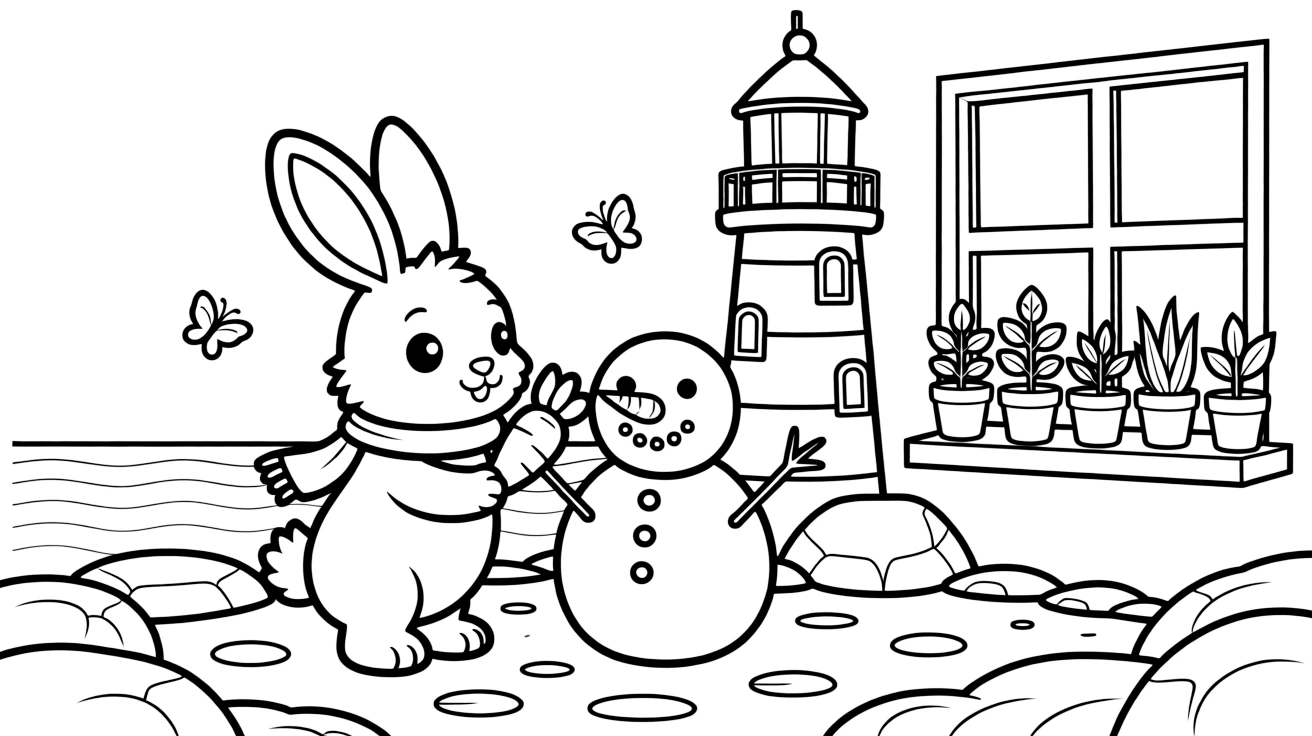 A fluffy bunny with long floppy ears is building a snowman complete with a carrot nose beside a lighthouse on a rocky coast. Close by, a row of potted plants along a windowsill and fluttering butterflies drifting nearby add to the delightful moment.