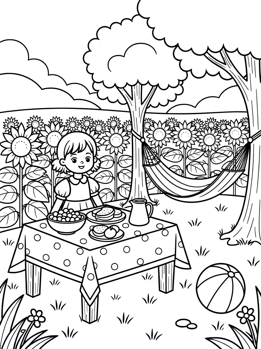 A joyful little girl admiring a table set outdoors with berries and bread in a sunflower field stretching toward the horizon, near a hammock strung between two trees and a striped beach ball.