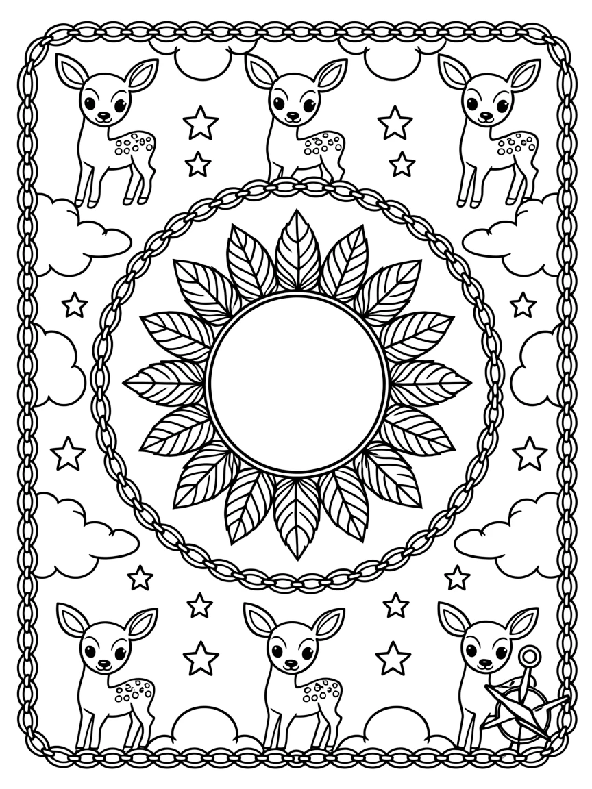 Woodland Animals: The page centers on a repeating motif of a deer fawn with small spotted flanks, built around a feather-ring mandala with plumes fanning outward. The motif is repeated in a corner-to-corner border that circles the entire page, leaving a round open area in the middle. Decorative details fill the surrounding space, including interlocking circle chains, clusters of small five-point stars, and rounded puffy cloud shapes woven throughout the background. A playful extra touch completes the page: a tiny compass shape resting in one corner of the design.