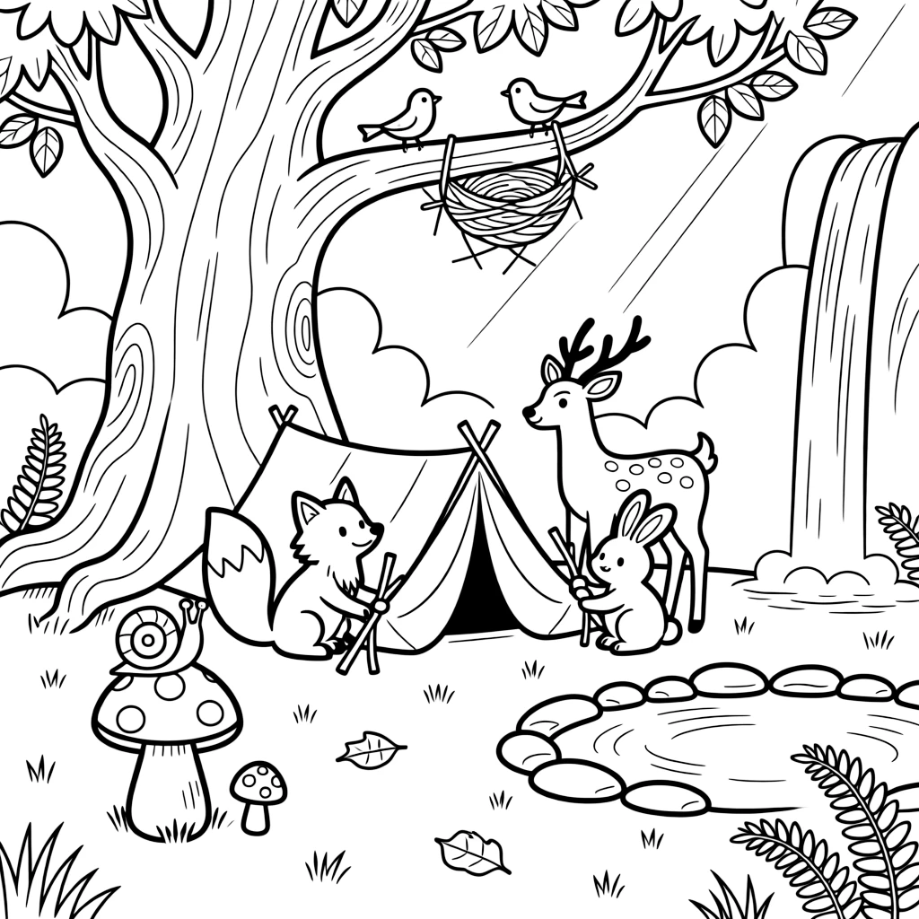 [Enchanted Forest] A group of woodland friends build a small blanket fort beneath the sprawling roots of an ancient oak. Tiny birds build a nest in a low branch while a snail slowly climbs a nearby toadstool. A tall waterfall trickles into a small pond edged with smooth stones and clusters of wild ferns. Delicate morning mist curls around the tree bases as the first rays of sunshine break through the canopy.