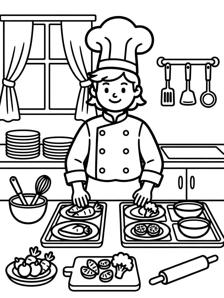 A hospital chef in a tall white hat prepares healthy meals on trays for patients.