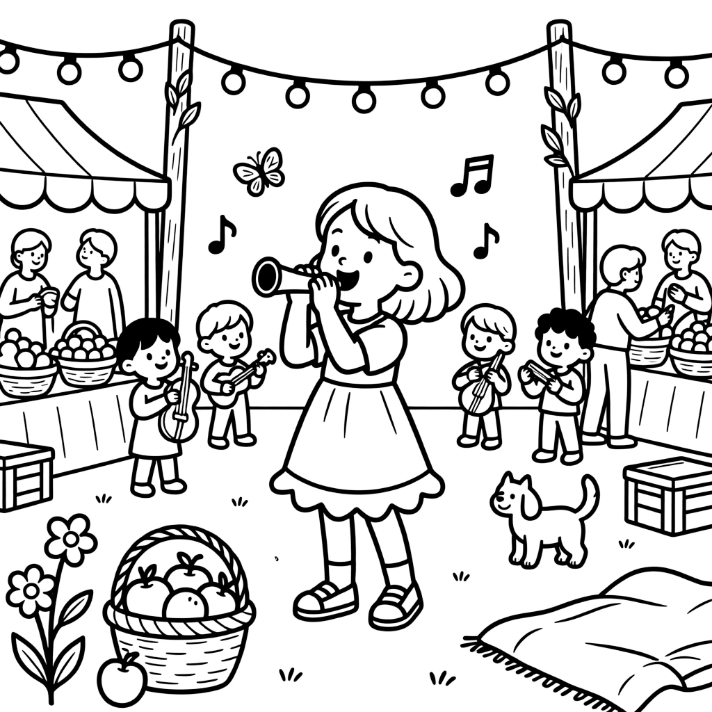 A little sister playing a kazoo in a small band at a farmers market with string lights twinkling overhead.