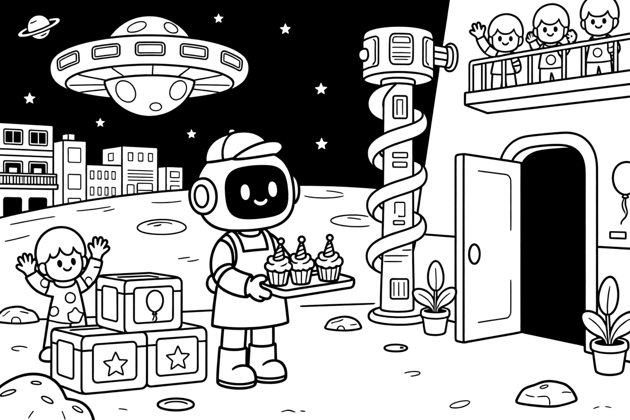 Circuit, a robot gardener delivering birthday cupcakes to a colony on the far side of the moon near a spiral space elevator connecting a planet to its orbiting station, surrounded by friendly aliens waving from nearby balconies and a stack of colorful supply crates.
