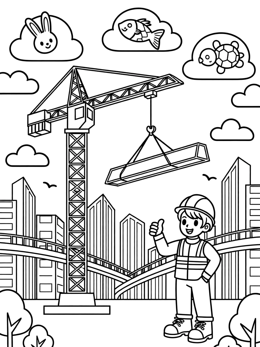 A tall tower crane lifting a steel beam takes center stage in a gleaming futuristic city skyline with towers and skywalks, where a construction worker giving a big thumbs up can be seen nearby, surrounded by fluffy clouds shaped like animals drifting overhead.