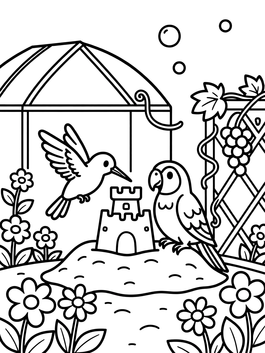 A hummingbird building a sandcastle beside a parrot in a greenhouse full of blooms, near a vine of grapes, as bubbles float up into the sky.