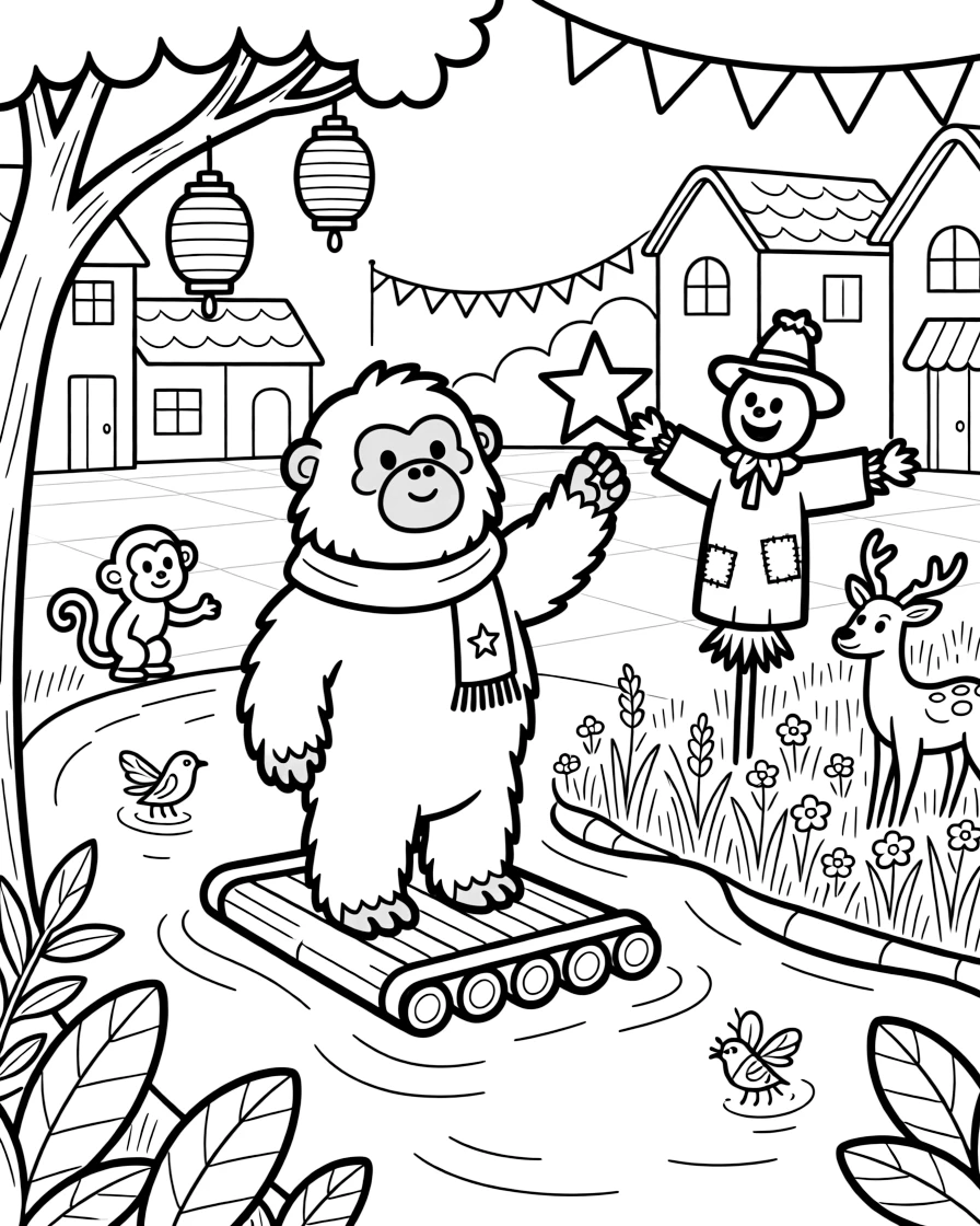 Starry-eyed and full of excitement, a baby yeti spends the day decorating the town square for a winter celebration on a raft floating down a lazy jungle river. Nearby, a cheerful scarecrow waving from the field adds to the fun. Every creature nearby wants to join in the fun.