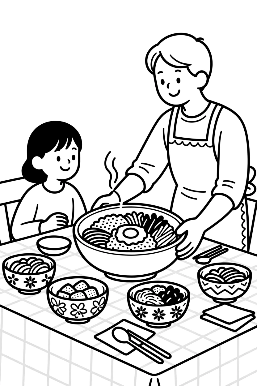 A coloring page showing a delicious spread from South Korea: a table with bibimbap, rice cakes, and small side dishes in patterned bowls, set out on a table with a friendly family member serving portions.