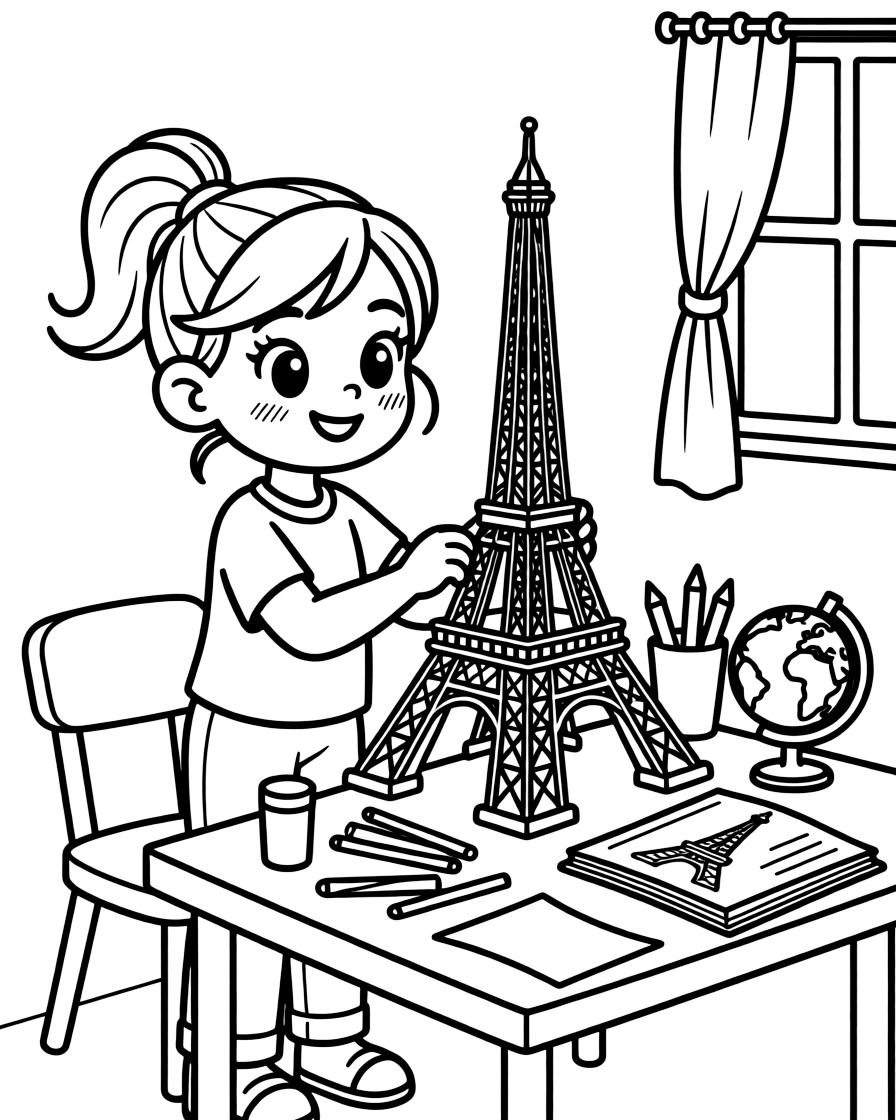 a mischievous little girl builds a miniature Eiffel Tower out of craft sticks for a geography project.