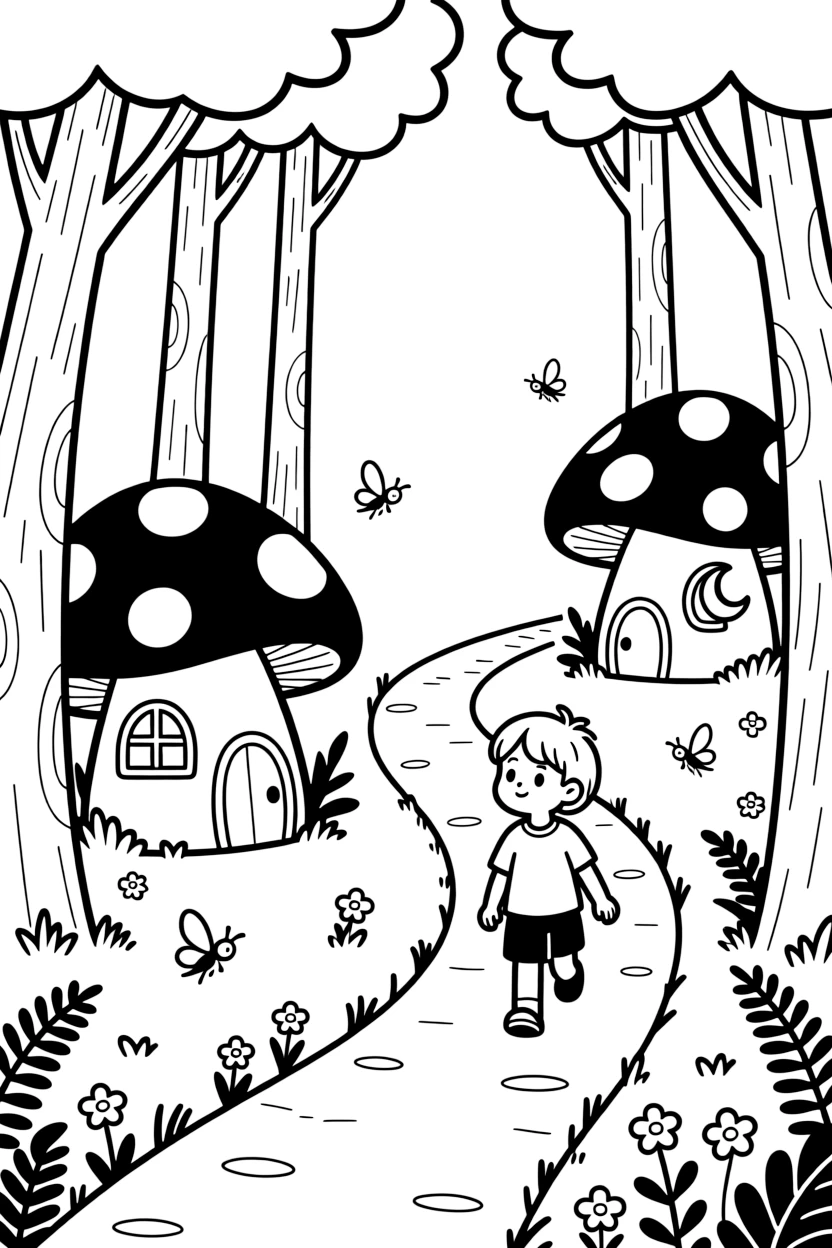 An enchanted forest path is lined with mushroom houses glowing softly, their windows shaped like crescent moons, as fireflies dance between the trees.
