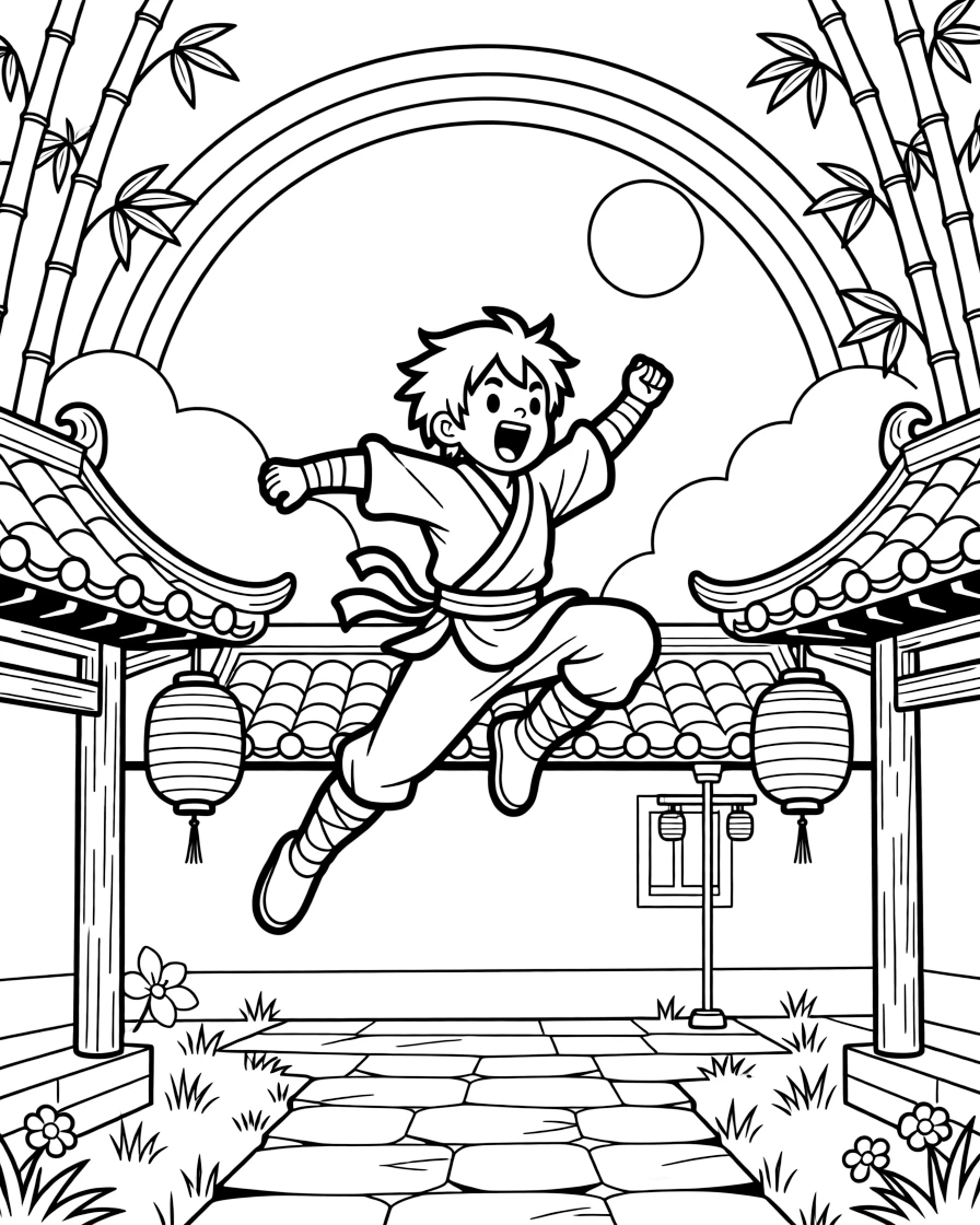 [Ninjas] A dynamic scene shows a stealthy young ninja leaping silently across rooftops in a traditional training courtyard, letting out a triumphant roar. Close by, bamboo stalks sway gently nearby. Moonlight highlights the rooftop tiles. The moment unfolds at high noon, with a rainbow arching overhead, filled with energetic detail perfect for a young colorist.