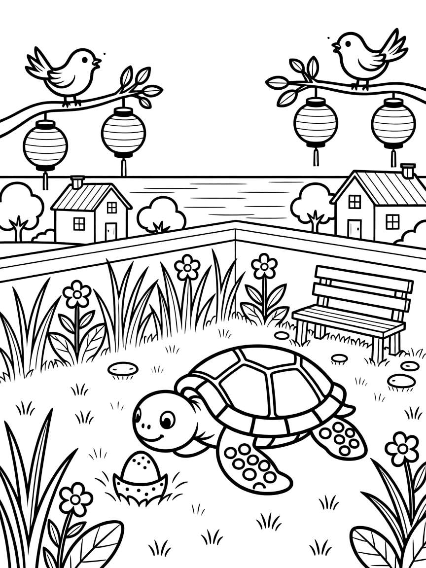 A gentle sea turtle is searching for hidden eggs tucked in the grass on a rooftop garden overlooking a small town. friendly songbirds perched close by and paper lanterns hanging from low branches round out the happy picture.