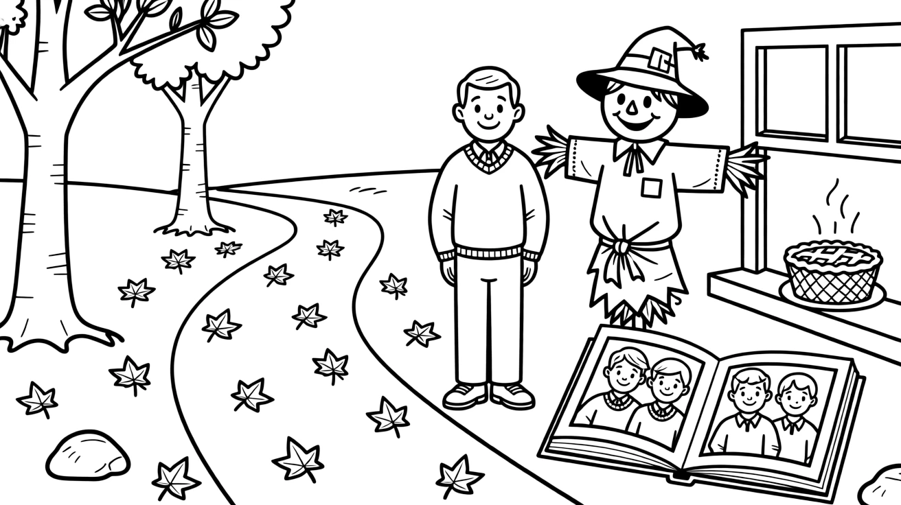 A wide view along a path covered in fallen red and orange leaves, featuring a scrapbook full of family photos, a proud grandfather, and a scarecrow with a patched hat, with a warm apple pie cooling on a windowsill nearby.