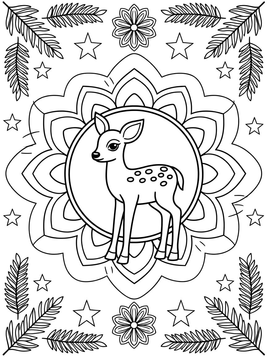 Woodland Animals: The page presents a small themed scene built around a deer fawn with small spotted flanks, tied together by a blooming flower-shaped mandala with layered petal rings. The scene is positioned in the middle of a balanced layout, with smaller matching details arranged above and below. Decorative details fill the surrounding space, including layered leaf clusters, curling paisley teardrops, and curling fern-frond shapes woven throughout the background. A playful extra touch completes the page: a scattering of small stars filling in any open gaps in the pattern.