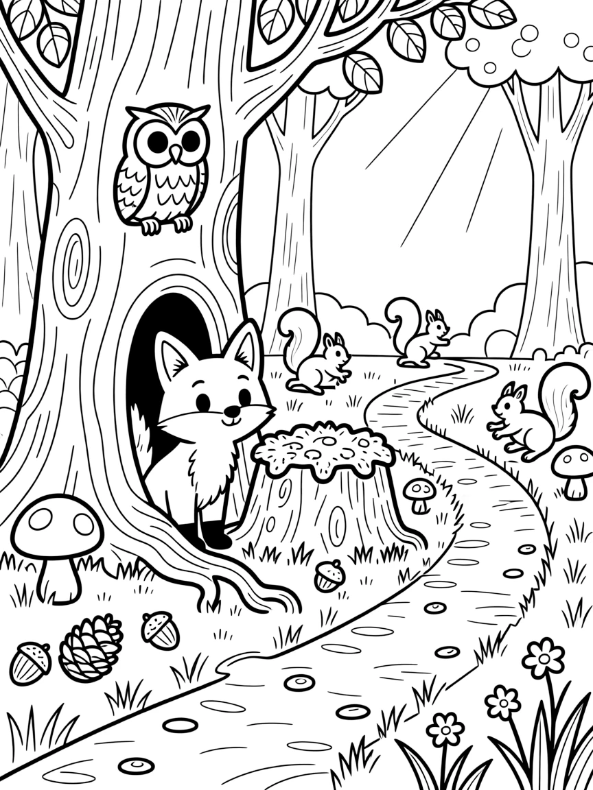 [Enchanted Forest] A curious fox pup peeks out from behind a giant tree trunk, sniffing at a trail of glowing mushrooms. Nearby, a wise old owl watches from a hollow tree, while squirrels chase each other around a mossy stump. Sunbeams stream through gaps in the canopy onto a carpet of moss, fallen pinecones, and curling roots. Sunlight filters through the leaves, and a trail of fallen acorns leads toward a hidden clearing sparkling with morning dew.
