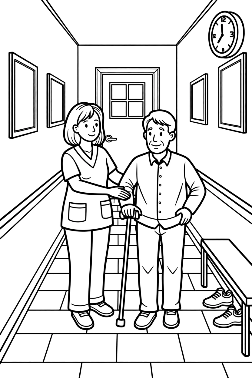 A physical rehabilitation nurse helps a patient practice walking with a cane down a hallway.