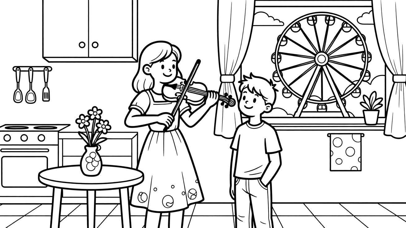 A confident preteen girl playing the violin with a cousin the same age in a sunny kitchen while a ferris wheel spins in the distance.
