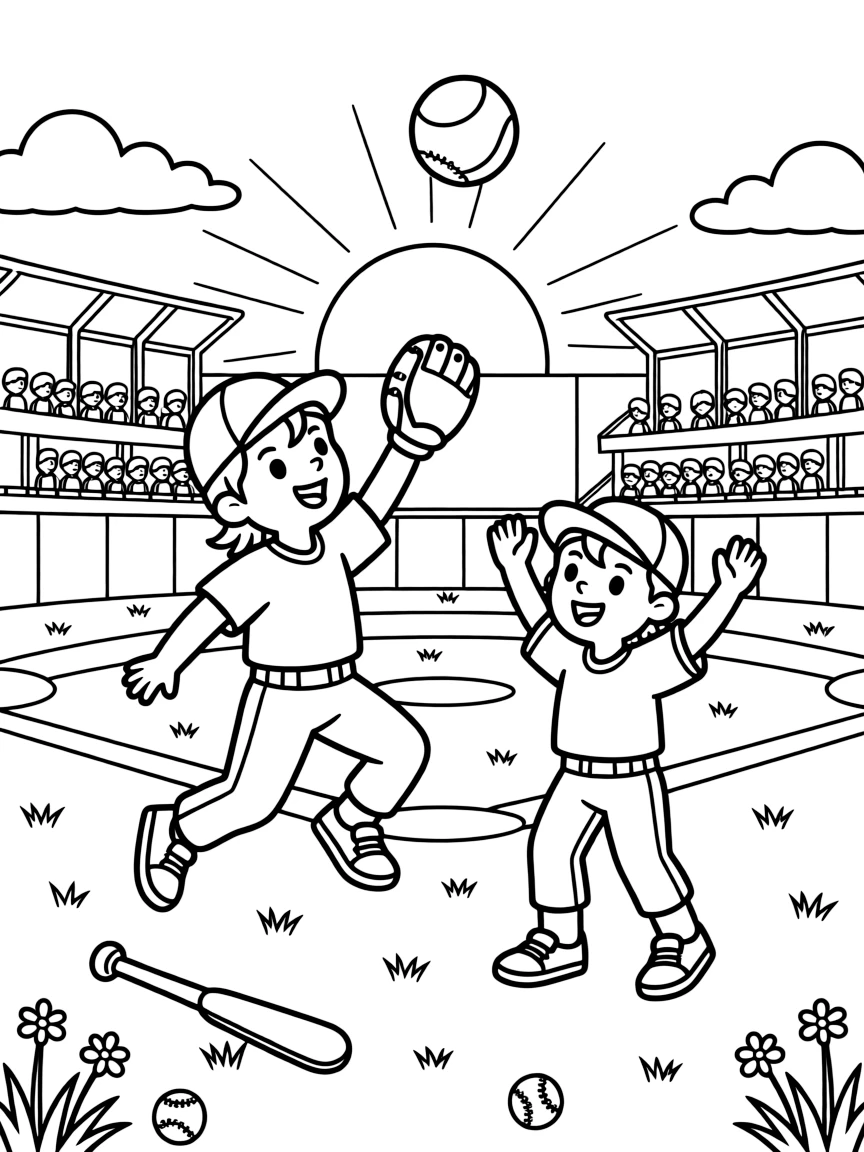 A pair of best friends, catching a high fly ball in the outfield glove with the sun setting behind the stands.