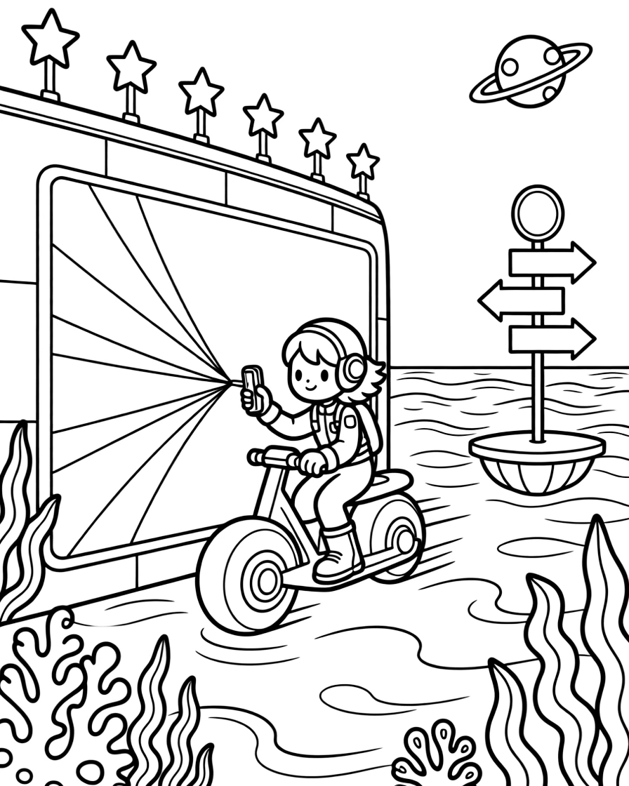 Pilot Nebula zooming along on a hoverbike painting a mural on the side of a spaceship using color-changing light beams in a coral-covered ocean planet with floating kelp forests, as a row of streetlights shaped like glowing stars and a floating signpost pointing to distant planets fill the scene.