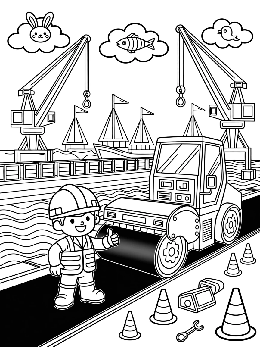 This page centers on a road paver laying down a ribbon of smooth asphalt exploring a busy harbor lined with docks, cranes, and stacked crates, featuring a construction worker giving a big thumbs up and little extras like fluffy clouds shaped like animals drifting overhead and gears and control panels glowing softly.