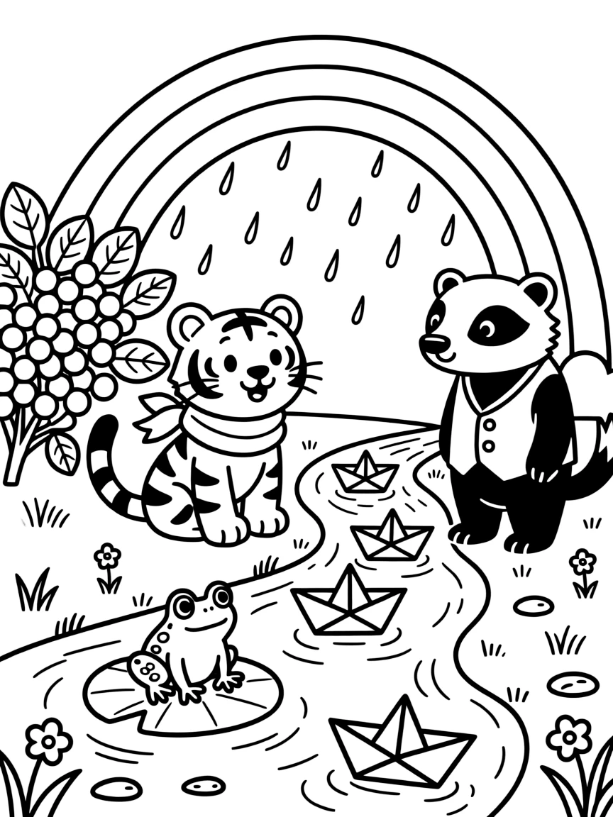 A tiger cub under a rainbow after the rain, floating paper boats down a stream with a badger, next to a berry bush, while a curious frog watches from a lily pad.