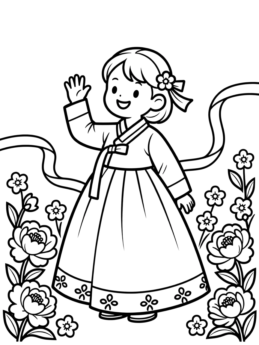 A coloring page from South Korea showing a child wearing a bright hanbok with wide, flowing skirts and short jacket, posed for a festival photo with flowers and ribbons decorating the background.