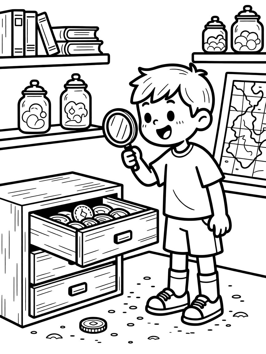 a cheerful little boy holds a magnifying glass over an old coin found in a dusty museum drawer.