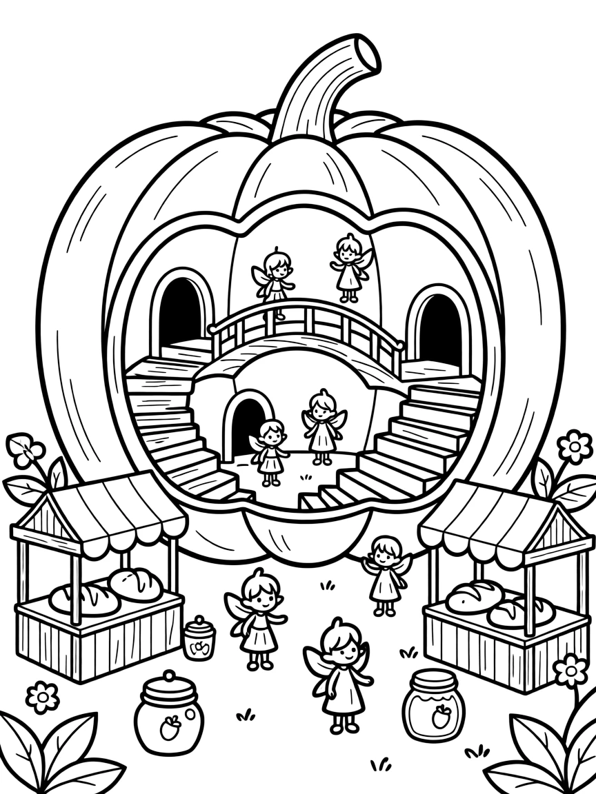 A bustling fairy village is built inside a giant hollowed pumpkin, with tiny bridges, spiral staircases, and market stalls selling acorn bread and berry jam.