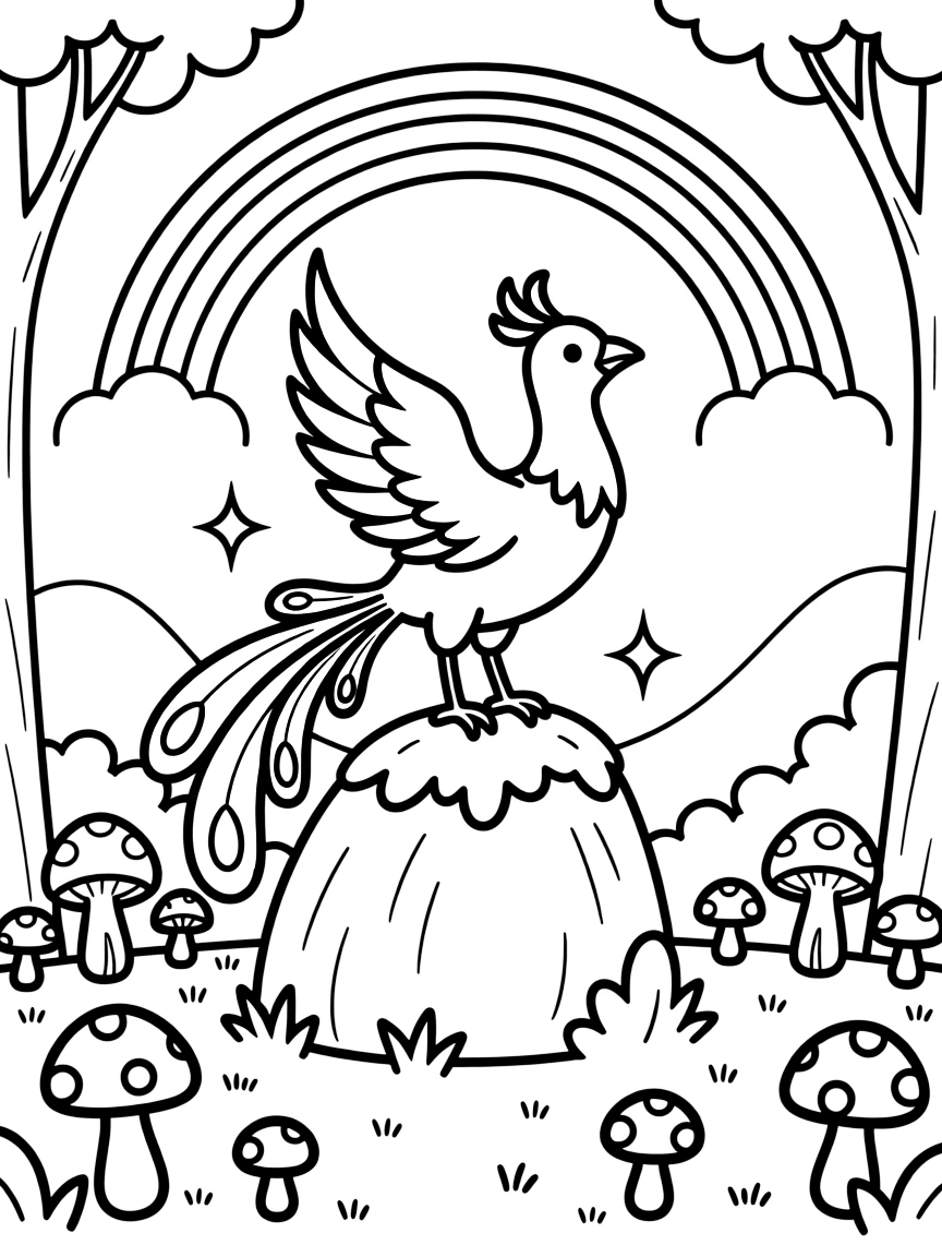 [Fantasy Creatures] a playful phoenix perched atop a mossy stone in an enchanted forest. In the background, mushrooms of every size dot the ground, adding extra fun to explore. Soft magical sparkles surround the scene. It all happens in the late afternoon, with a rainbow arching overhead.