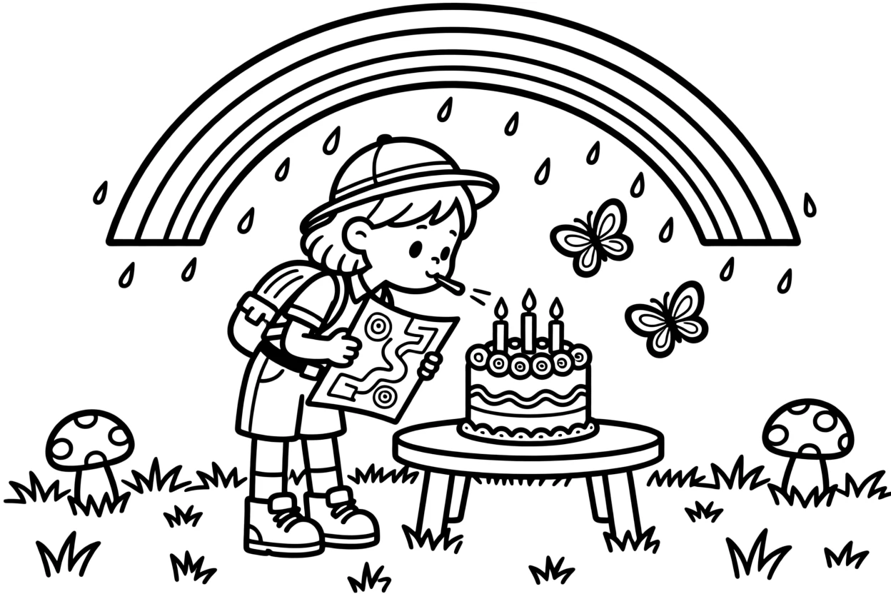 A girl treasure hunter following a hand-drawn map is blowing out candles on a beautifully frosted cake beside a rainbow arching after the rain. Just beyond, fluttering butterflies drifting nearby and tiny mushrooms with spotted caps peeking through the grass fill the page with charm.