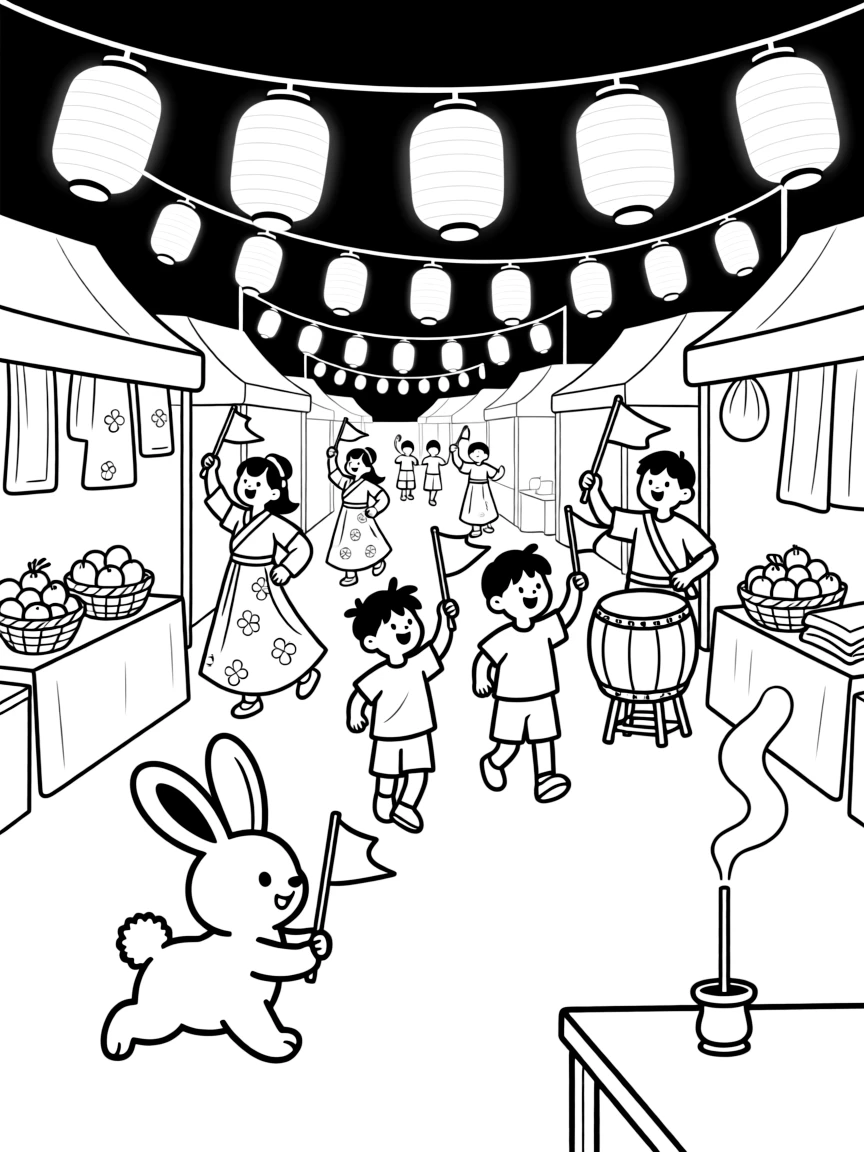 A wide view at an open-air night market lit with glowing lanterns, featuring a procession of drummers and dancers, a floppy-eared bunny, and children waving small flags, with incense curling into the air nearby.