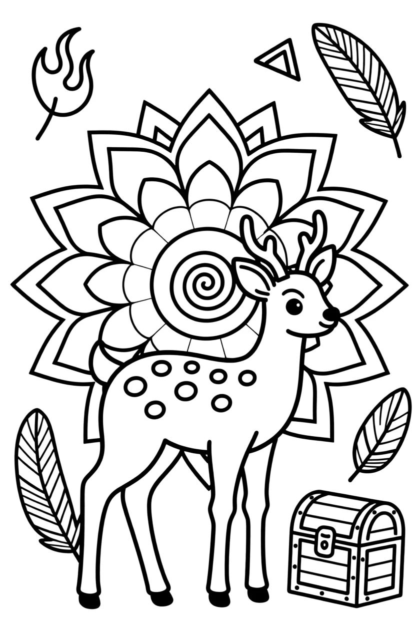 Woodland Animals: The design turns a deer fawn with small spotted flanks into a kaleidoscope-style composition anchored by a spiral mandala that winds gently from center to edge. The imagery is multiplied into a circular burst of matching pieces that rotate evenly around the page's center point. Decorative details fill the surrounding space, including flame-shaped tips curling upward, nested triangle shapes, and fanned feather plumes woven throughout the background. A playful extra touch completes the page: a small treasure chest half-hidden along one edge of the design.