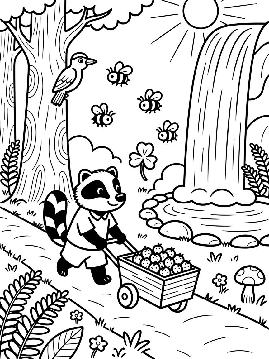 [Enchanted Forest] A friendly badger pulls a small wooden cart loaded with berries down a leafy forest path. A woodpecker taps at a tree trunk overhead as bumblebees buzz around a patch of clover. A tall waterfall trickles into a small pond edged with smooth stones and clusters of wild ferns. Delicate morning mist curls around the tree bases as the first rays of sunshine break through the canopy.