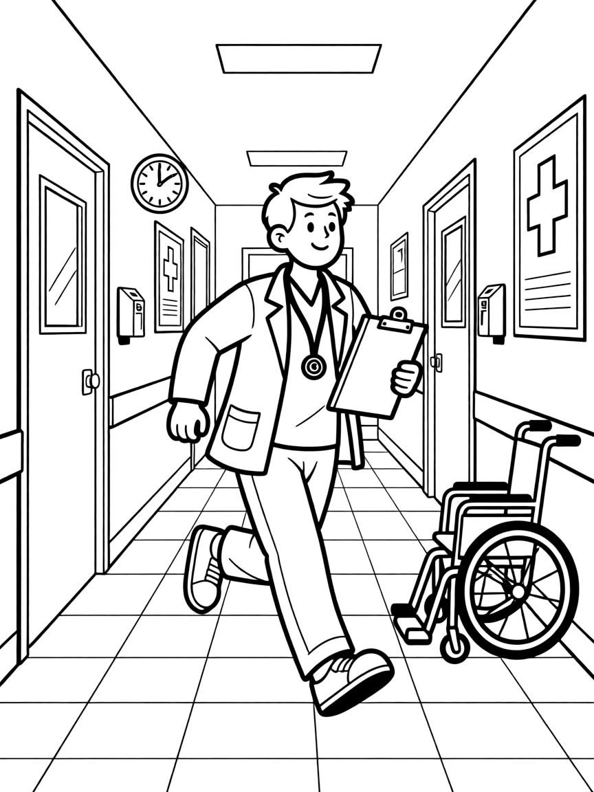 An emergency room doctor rushes down a hospital hallway carrying a clipboard and stethoscope.