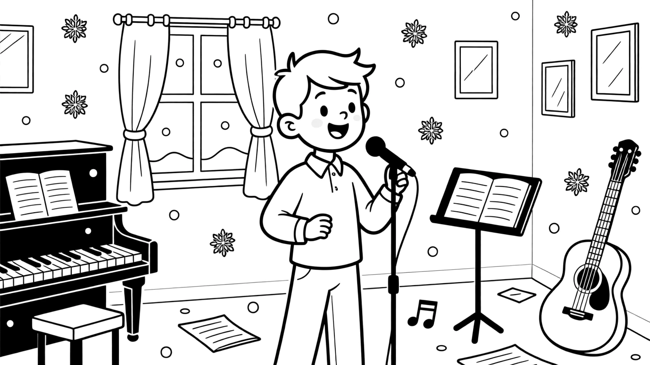 A preteen boy performing in a class play at a music room while snowflakes fall softly.