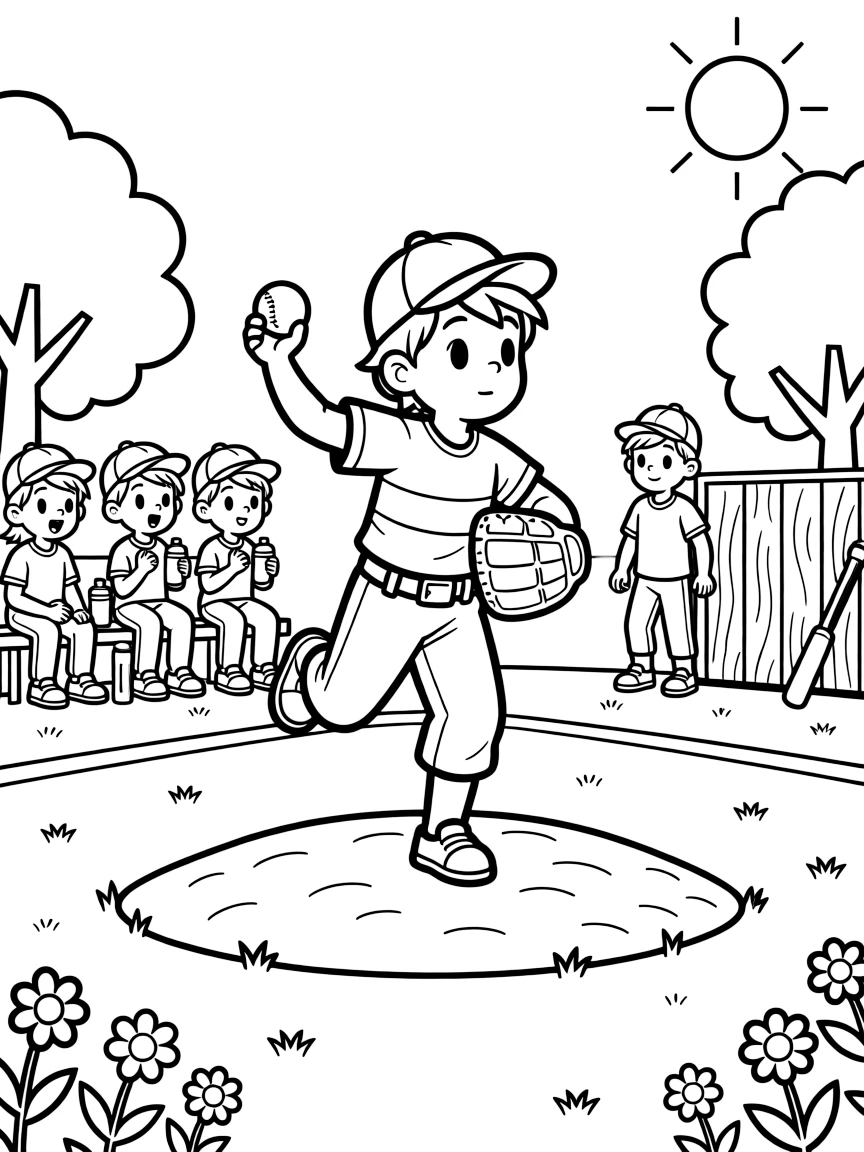 A team of neighborhood kids, pitching a curveball from the mound, cap pulled low, eyes locked on the catcher's mitt.