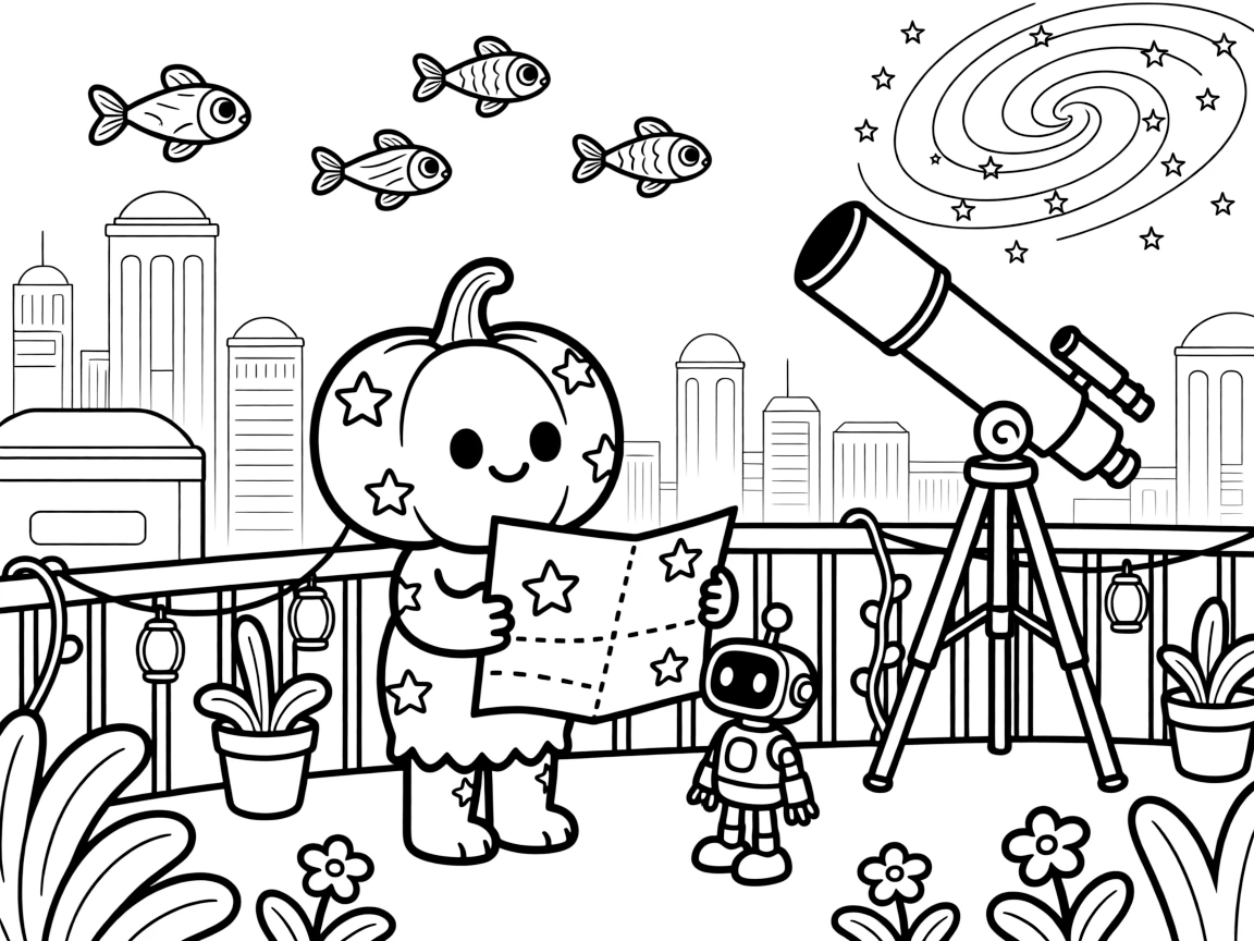 Puffkin, a gentle alien creature covered in star-shaped spots helping a lost robot find its way home using a star map in a rooftop garden overlooking a glowing cyber skyline, as a school of glowing space fish swimming through the air and a giant telescope pointed at a swirling galaxy fill the scene.