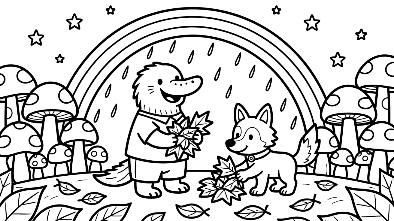 A platypus under a rainbow after the rain, helping gather fallen leaves with a wolf pup, next to a cluster of colorful mushrooms, as stars begin to twinkle above.