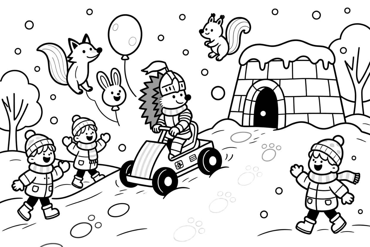 At a snow fort during a gentle snowball fight, a sturdy hedgehog knight is busy racing go-karts down a bumpy hill, cheered on by balloons shaped like friendly woodland animals and a trail of glowing footprints. The whole crew is grinning from ear to ear.