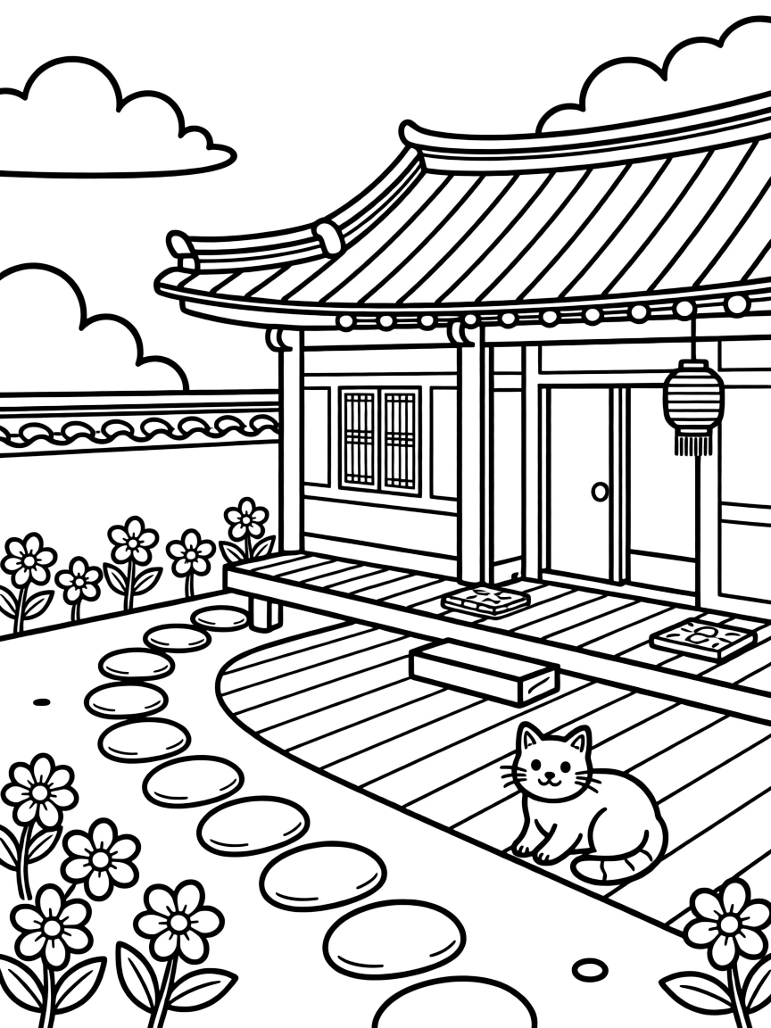 A coloring page of a charming home scene in South Korea showing a traditional hanok house with a curved tile roof and a wooden floor courtyard, with a garden path, a small pet, and flowers growing along the walls.