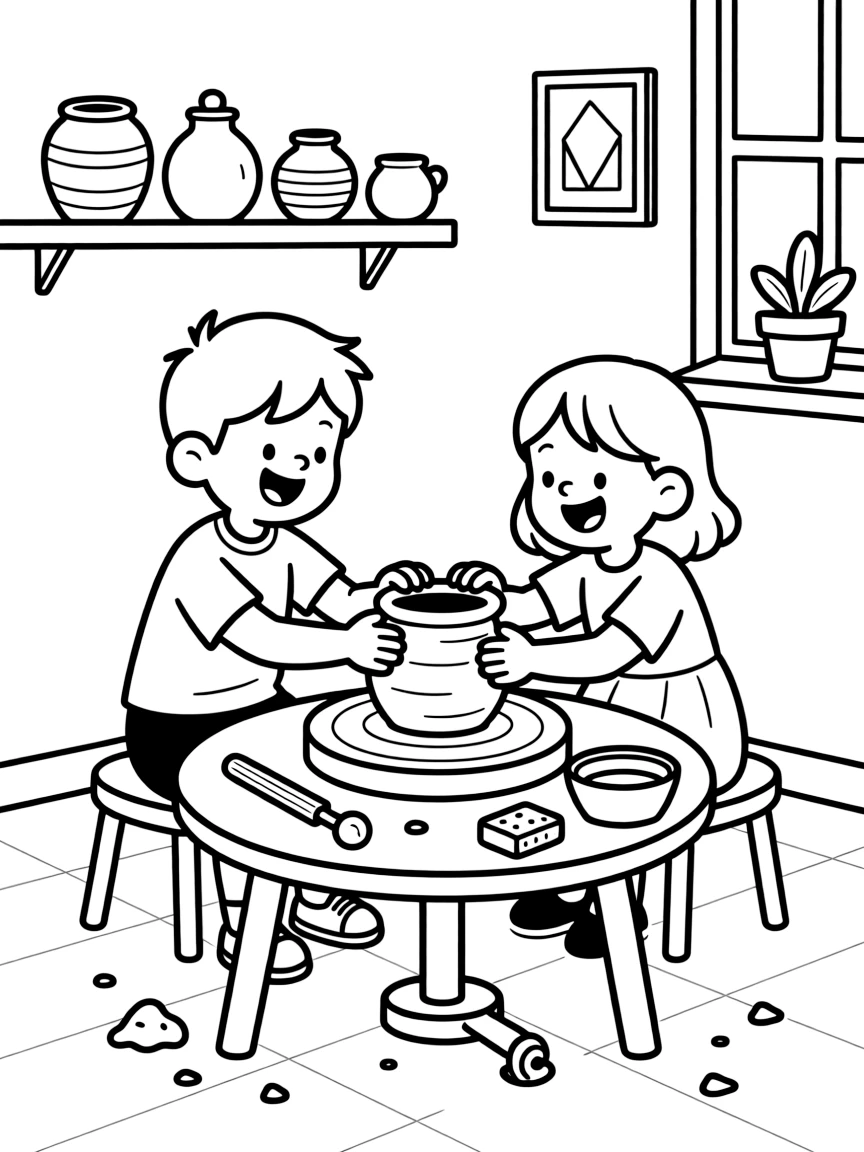 a giggling pair of best friends molds a lump of clay into a wobbly pot on a spinning pottery wheel.
