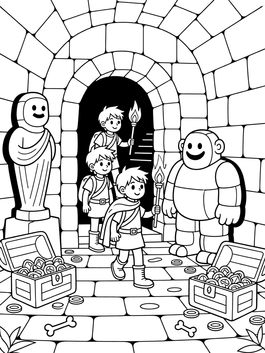 Adventurers descend into a treasure-filled dungeon, torches lighting stone corridors scattered with gold chests, ancient statues, and a friendly stone golem guardian.