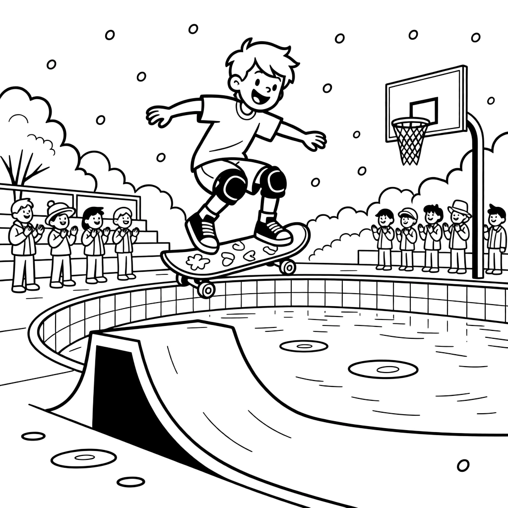 [Sports] a skateboarder doing a trick launching off a skate ramp in a swimming pool, grinning with excitement, while a crowd fills the stands fills the surrounding area. A goal or hoop stands ready in the frame. Set just after a rainstorm, with snow gently falling, the page bursts with adventure and imagination.