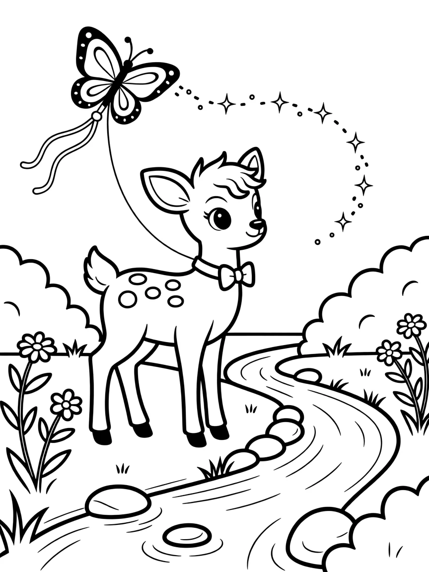 A gentle baby deer with white spots is flying a colorful kite shaped like a butterfly beside a babbling brook lined with smooth stones. Just beyond, wildflowers swaying gently in the wind and a trail of glittering fairy dust make the scene feel magical.
