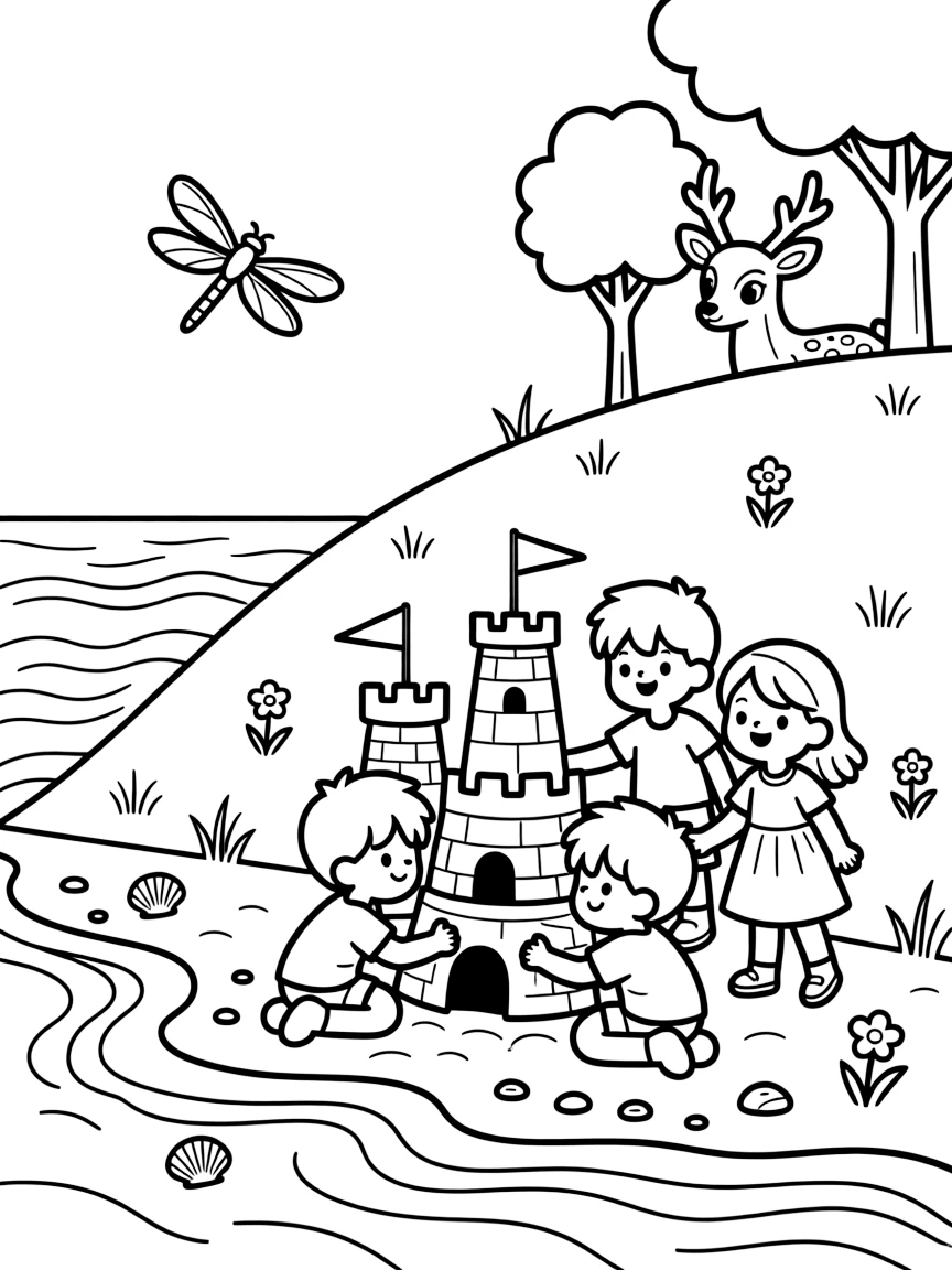 Children building a sandcastle beside gentle waves on a rolling hillside beneath a wide open sky, alongside a group of three friends and a curious deer peeking from the trees, with a dragonfly hovering above the water close by.