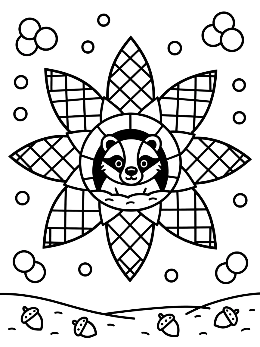 Woodland Animals: The main subject is a badger poking its head out of a burrow, drawn as the focal point of a sunburst mandala with rays spreading evenly outward. It is set at the core of the page, with the pattern unfolding outward in eight matching symmetrical segments. Decorative details fill the surrounding space, including rows of small square tiles, a grid of lattice diamonds, and clusters of round bubbles woven throughout the background. A playful extra touch completes the page: a handful of tiny acorns scattered near the bottom edge.