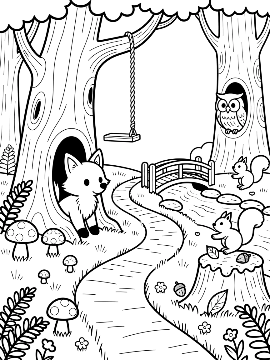 [Enchanted Forest] A curious fox pup peeks out from behind a giant tree trunk, sniffing at a trail of glowing mushrooms. Nearby, a wise old owl watches from a hollow tree, while squirrels chase each other around a mossy stump. The path winds past a giant oak tree with a rope swing, colorful toadstools, and a bubbling brook crossed by a small wooden bridge. Golden late-day light streams between the trunks, casting long shadows across the winding trail.