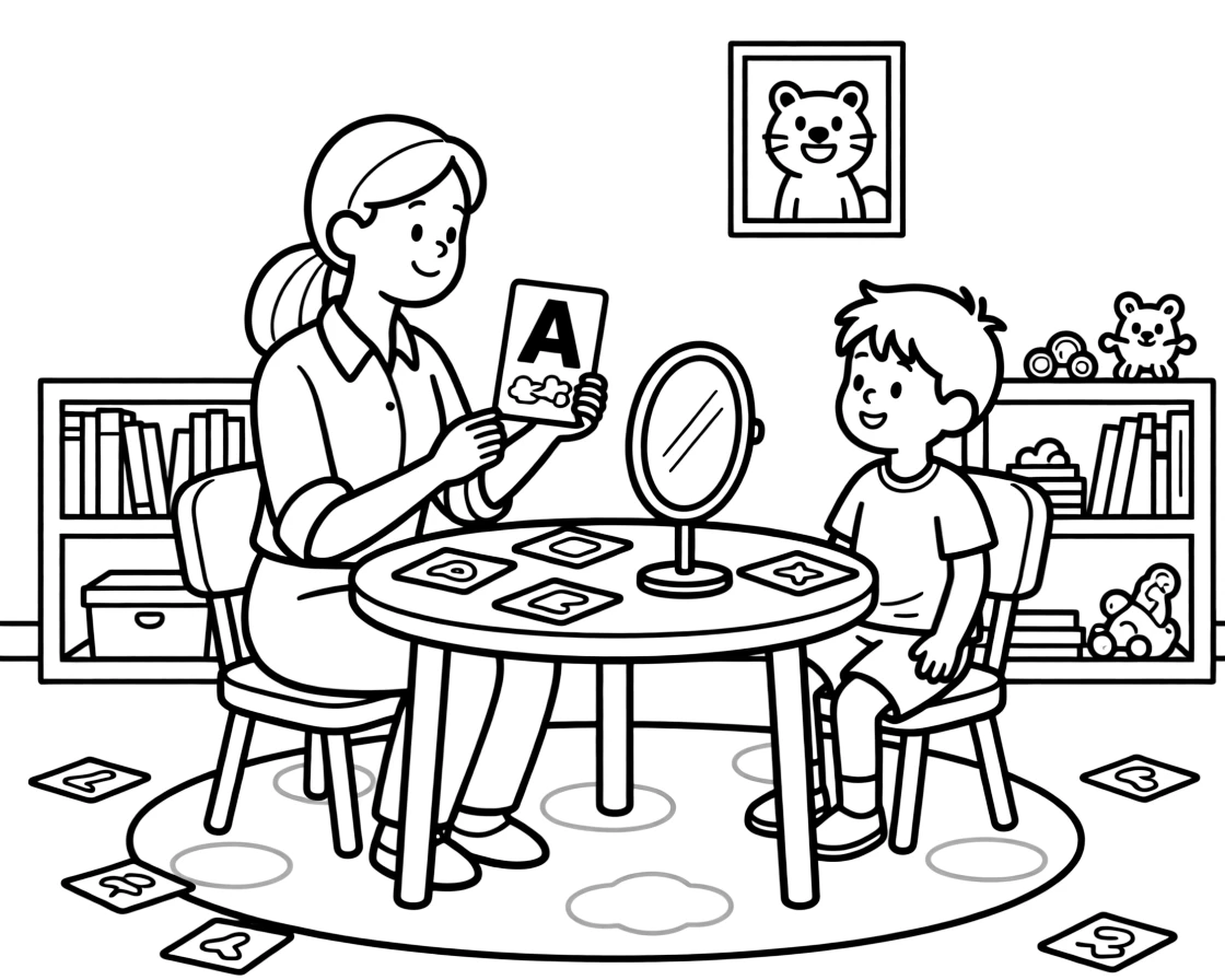 A speech therapist sits with a child practicing sounds using flashcards and a hand mirror.