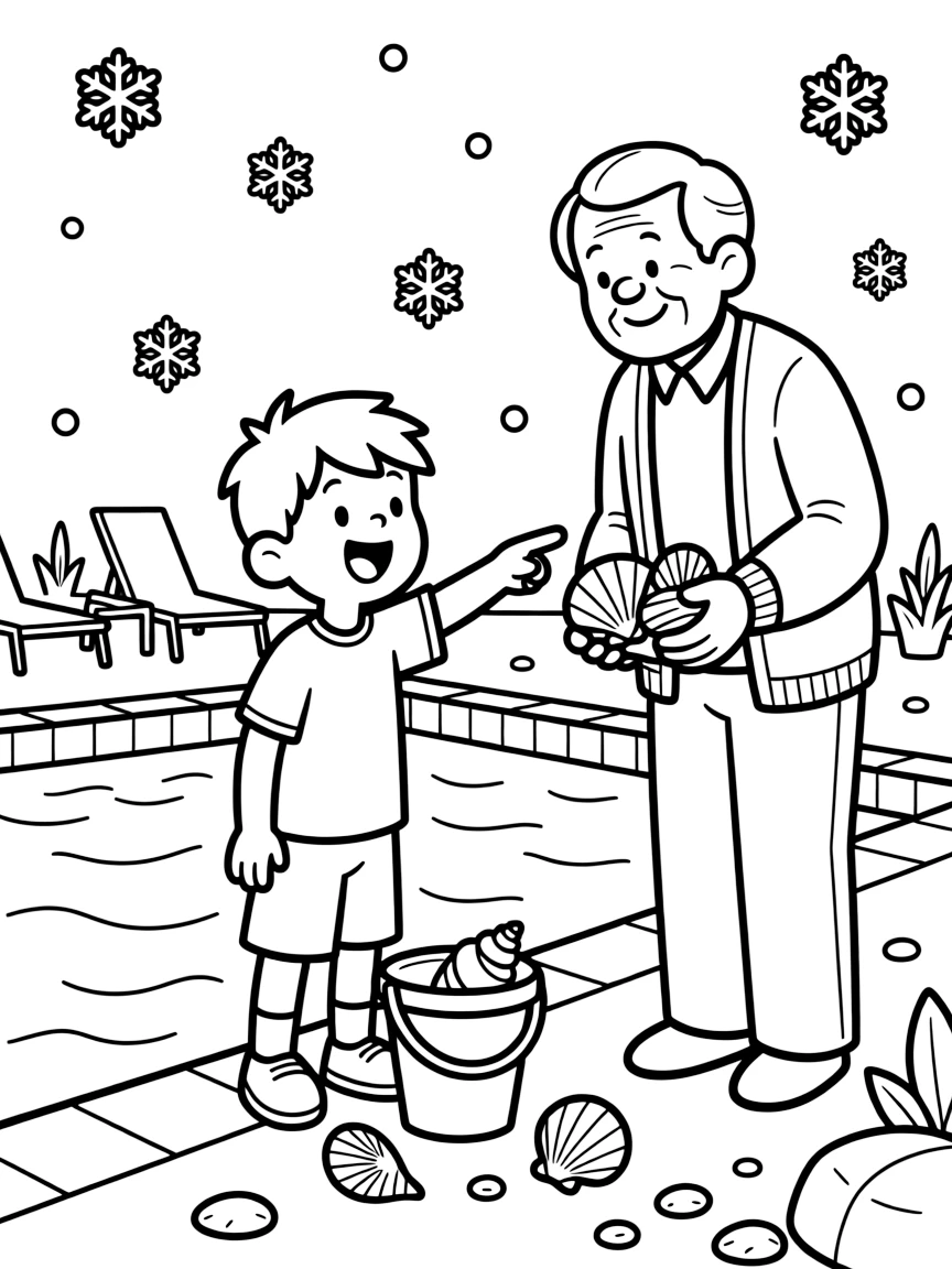 A talkative boy collecting seashells together with a great-grandparent at the community pool while snowflakes fall softly.